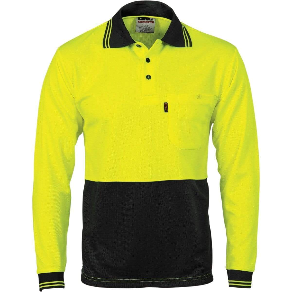 Dnc Workwear Hi-vis Two Tone Cool Breathe Long Sleeve Polo Shirt - 3813 Work Wear DNC Workwear Yellow/Black XS 